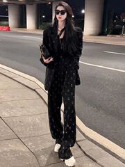 春夏新款气质轻奢高级感重工字母烫钻上衣西装外套裤子显瘦套装女