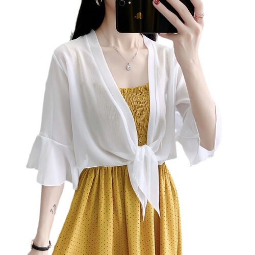 Summer Short-Sleeve Chiffon Scarf Collar Outerwear, Paired with Slip Dress, Women's Versatile Cover-up, Thin Open Cardigan