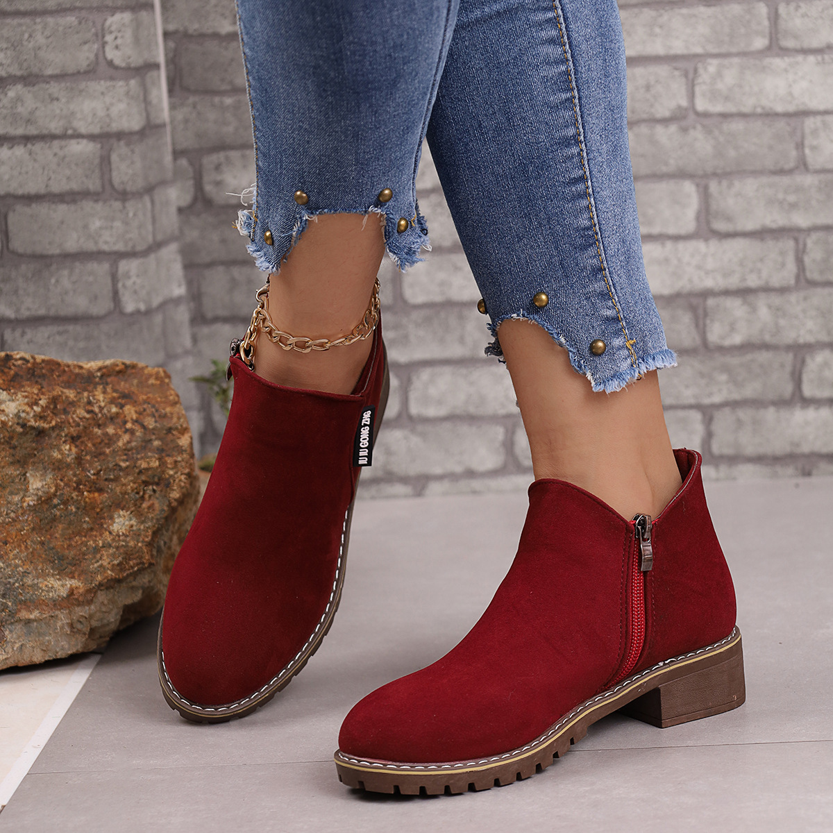 Neue kurze, gefrostete Vintage-Booties für Damen mit klobigen Absätzen und seitlichen Reißverschlüssen_voghion.com