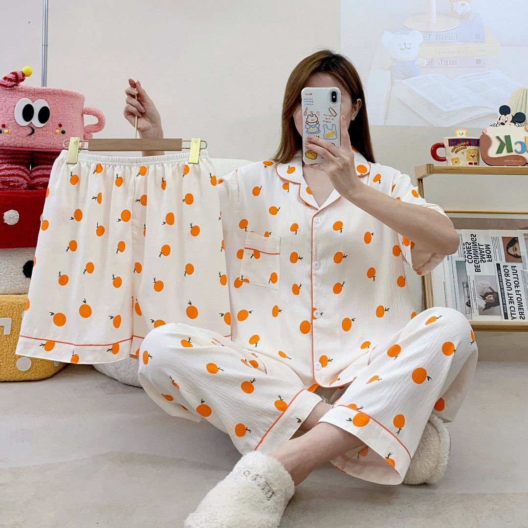 现货供应外贸采购夏季新款云朵棉三件套家居服开衫套装短袖睡衣