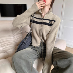 设计感复古撞色双拉链POLO领针织衫女秋冬季休闲显短款瘦毛衣开衫
