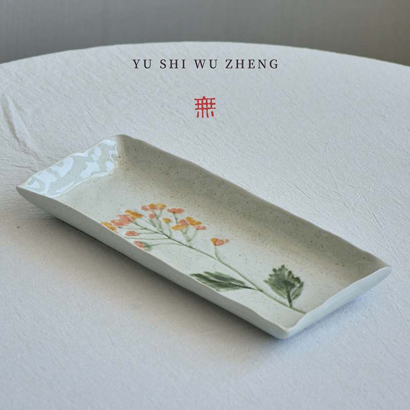 创意印花手绘粗陶长方形盘子 日用陶瓷釉下彩餐具装鱼盘 寿司碟
