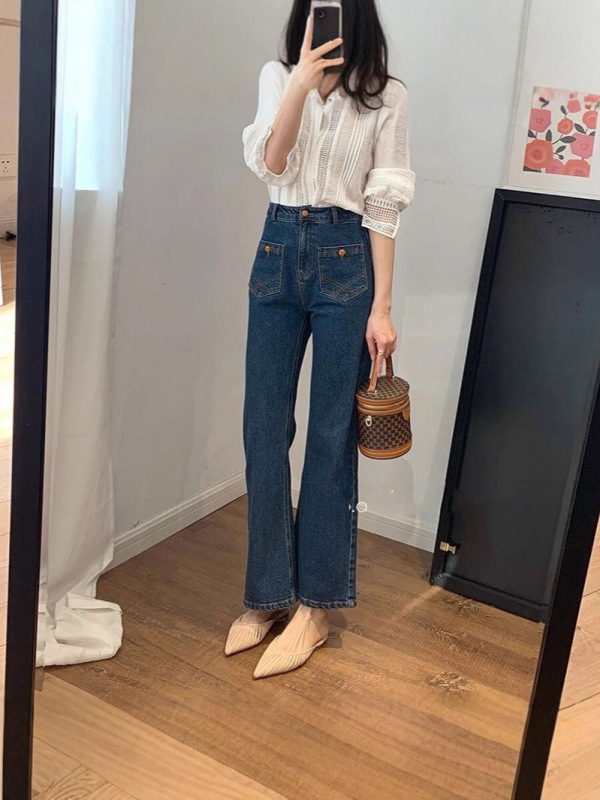 哥家商场同款女装2025春夏季复古微喇叭牛仔裤女秋设计感高腰百搭|undefined