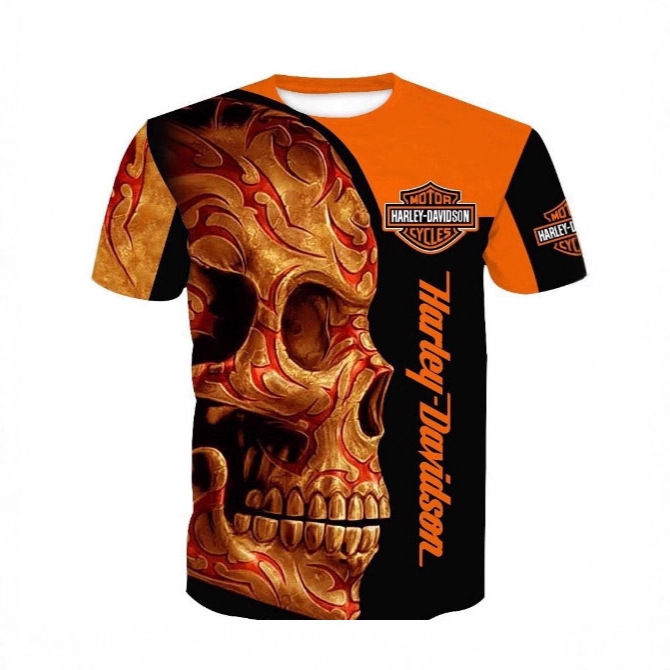 2025 European and American Cross-Border Amazon New Men's Clothing Harley Motorcycle 3D Digital Printing Loose Round Neck Short-Sleeved T-Shirt