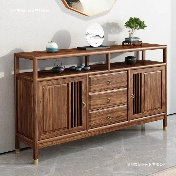 New Chinese Style Sideboard, Entrance Cabinet, Wine Cabinet, Tea Cabinet, Living Room Solid Wood Wall Cabinet, Elm Wood Storage, Black Walnut Color