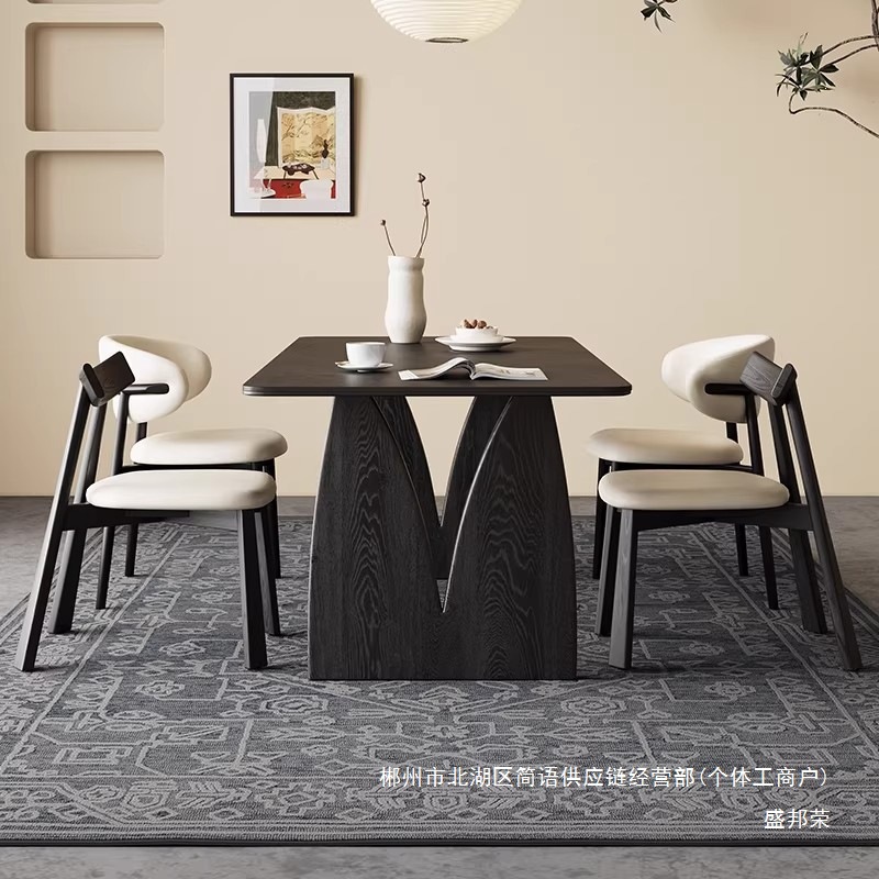 Fábrica directa de estilo medieval madera maciza mesa de comedor combinación de silla doméstica moderna simple 2026 nuevo rectangular negro