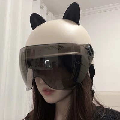 Electric Vehicle Helmet, Motorcycle Helmet for Motosiklet kaskı (dəbilqə) - khaki-brown-short-glasses-black-cat-ears