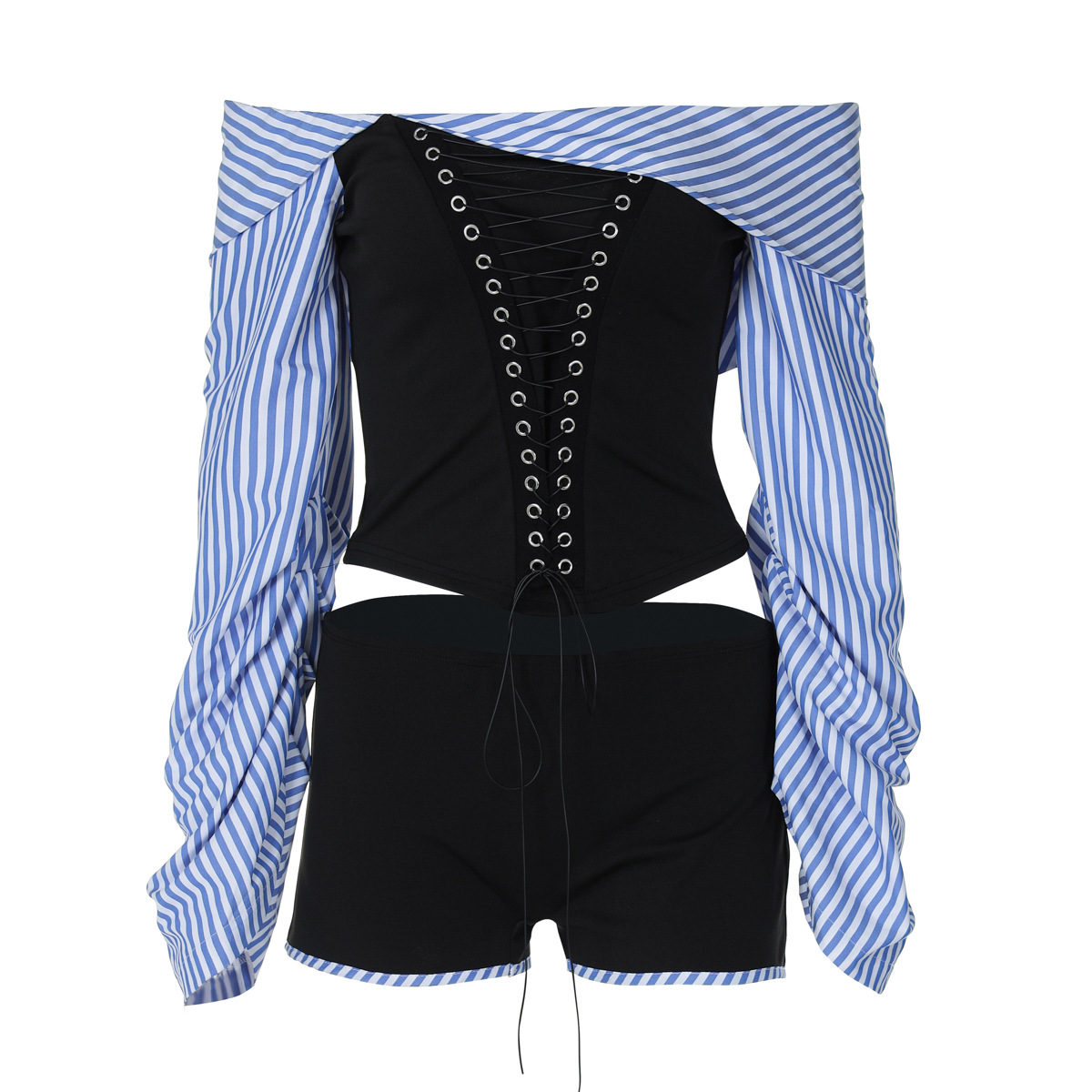 Women off Neck Striped Shirt Irregular Asymmetric with Personality Stitching Corns Tied Top Shorts Two Piece Set