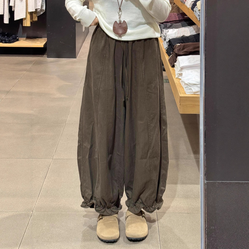 日系咖色木耳花苞休闲裤女秋季宽松显瘦减龄小个子垂感阔腿气球裤|undefined