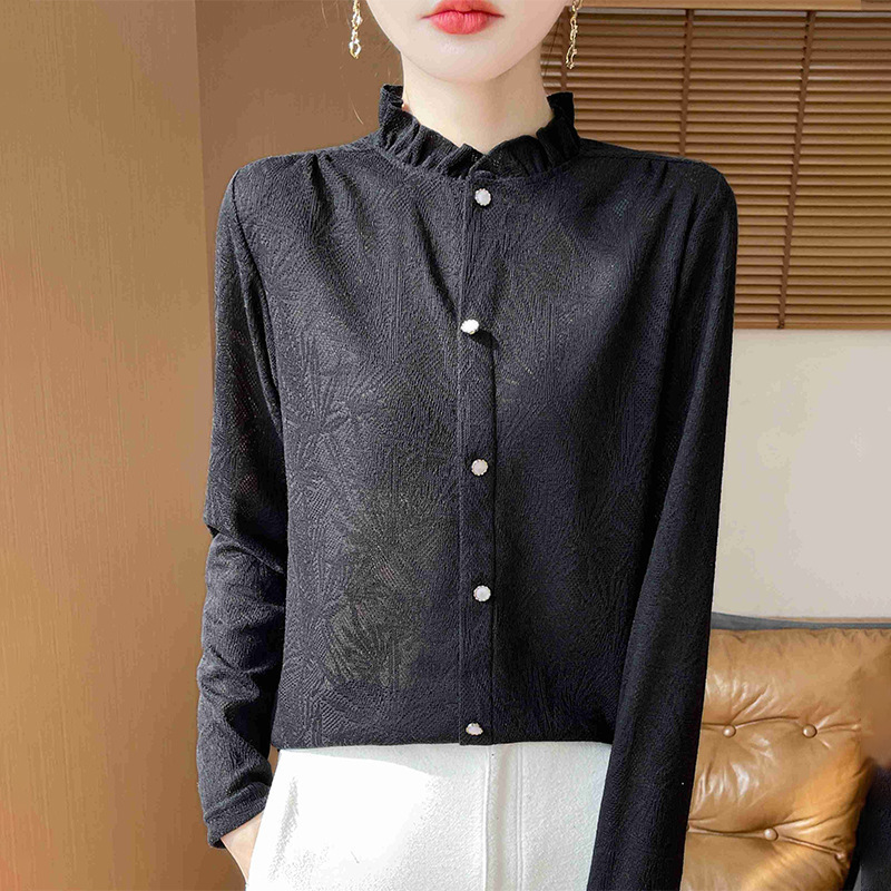 Autumn and Winter New Style Lace Collar Knitted Bottoming Shirt for Women Half Turtleneck Jacquard Long-Sleeved Shirt
