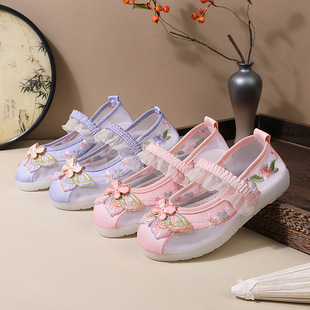 Hanfu Shoes for Girls Summer 2024 Popular Children's Mesh Sandals for Girls Baby Chinese Style Ancient Costume Embroidered Shoes