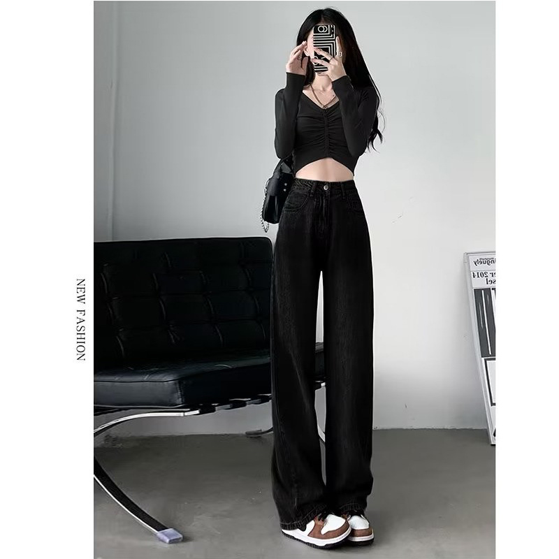 美式垂坠感宽松阔腿牛仔裤女高腰显高显瘦拖地牛仔裤跨境货源批发|undefined
