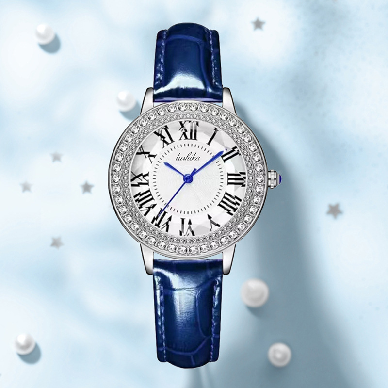 Belle montre pour femme ciel étoilé cadran diamant ceinture en cuir haut de gamme montre à quartz compte vidéo transfrontalier montre en direct pour femme_voghion.com