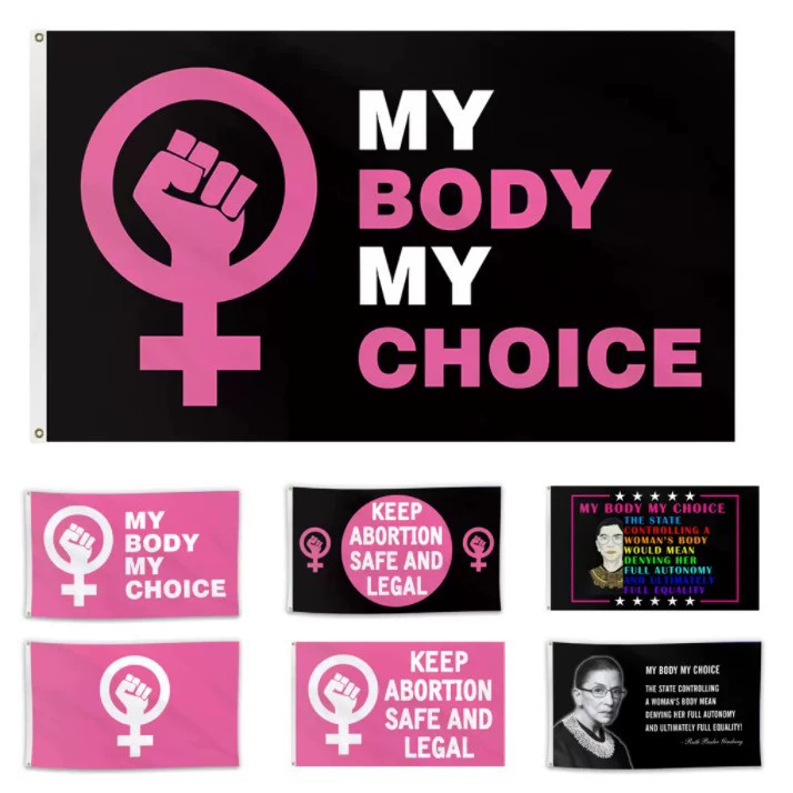 Flag MYBODYMYCHOICE polyester tapestry, durable digitally printed, two copper buckles