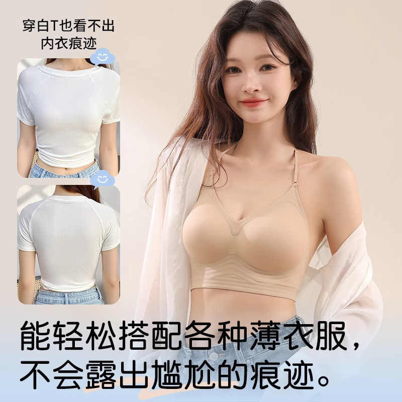 Chica caliente ropa interior de espalda hermosa mujer 2025 nuevo estilo caliente verano tirantes delgados cuerpo cruzado pecho pequeño recogido sujetador