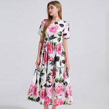 欧美跨境外贸女装2025年夏季走秀新款印花中长款短袖气质连衣裙女