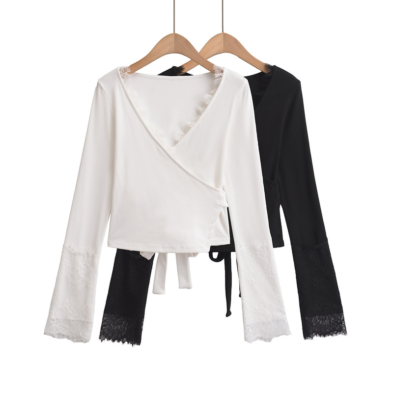 Pure Desire Style Cross-Wrap V-Neck Lace Long-Sleeved T-Shirt Rear Strap Waisted Cardigan Sleeve Lace Top