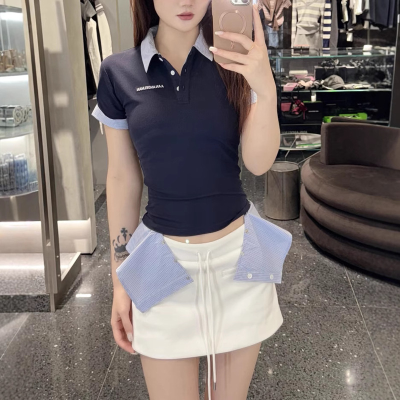 Correct Version of 2025 Summer New Ann Shirt Stripesd Splicing Fake Two-Piece Polo Collar Slim Slim Short-Sleeved T-Shirt for Women