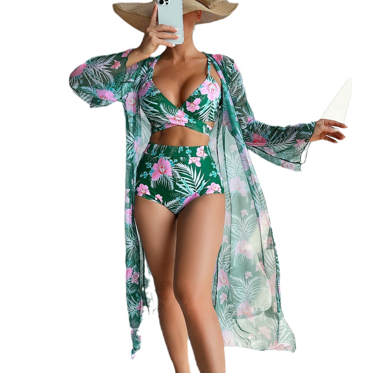 Mingyi 2024 nuevo sexy europeo y americano de alta gama moda multicolor impreso de tres piezas bikini traje de baño de las mujeres