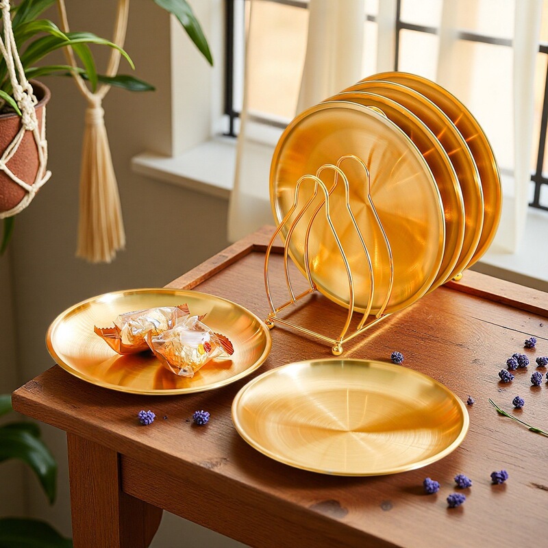High-End Stainless Steel Plate Set, Cafe Tray, Korean-Style Snack Round Plate, Dish Plate, Bone Tray, Gold Color with Rack High-End Stainless Steel Plate Set, Cafe Tray, Korean-Style Snack Round Plate, Dish Plate, Bone Tray, Gold Color with Rack