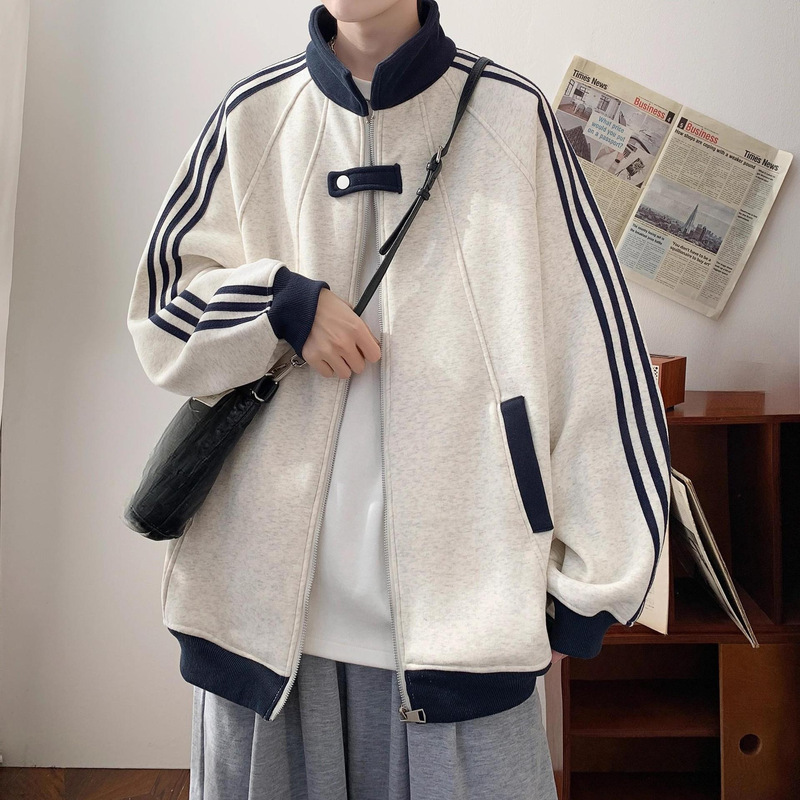 Heavyweight American-Style Three-Stripe Cardigan Sweatshirt for Men, Autumn and Winter Fleece-Lined Sports Jacket, Patchwork Casual Coat, Baseball Jacket