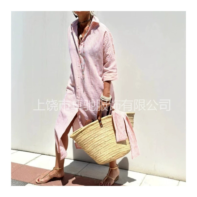 2025 Европейская и Американская независимая станция Amazon Новая полосатая рубашка с открытой вилкой платье весна лето рубашка