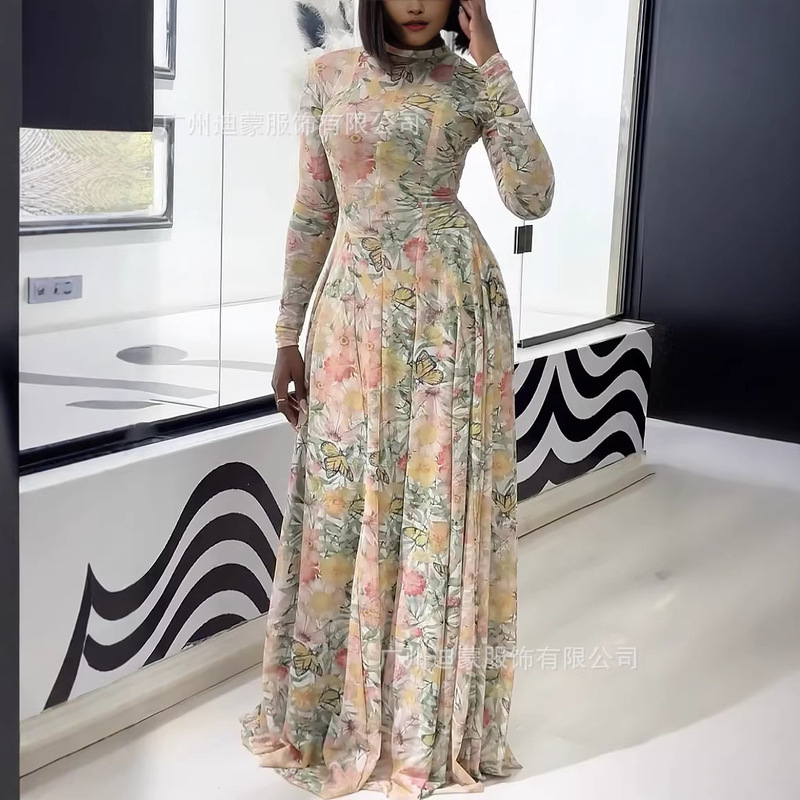 2026 European and American Style Ins Cross-Border Amazon Women's Clothing Waist-Cinching Slimming A-Line Skirt High-Neck Long Dress 2-Piece Set 2026 European and American Style Ins Cross-Border Amazon Women's Clothing Waist-Cinching Slimming A-Line Skirt High-Neck Long Dress 2-Piece Set