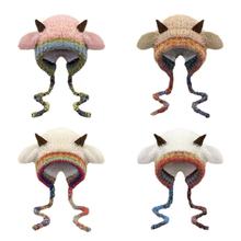 可爱小羊耳朵新款针织毛线帽子女秋冬季双层加绒保暖韩版包头帽