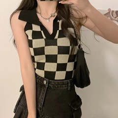 辣妹棋盤格針織女裝吊帶背心女內搭夏季設計感2022小眾外穿上衣