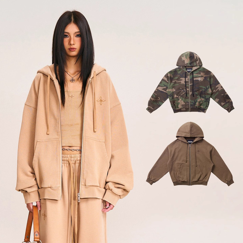 Smfk Cross Statue Wide Zipper Hoodie Ch005S1/Dk/Cf Embroidered Pure Cotton Casual Sweatshirt Cardigan