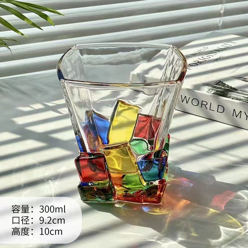 手绘小众设计ins彩色玻璃水杯高级感家用威士忌洋酒杯好看的杯子