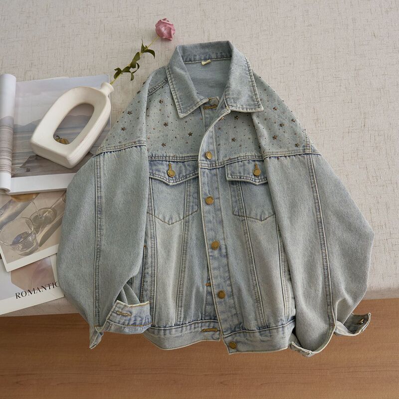 Light Blue Rhinestone Denim Jacket for Women, New Autumn Style, Super Pretty, Sweet, Age-Reducing, Slimming Short Jacket Light Blue Rhinestone Denim Jacket for Women, New Autumn Style, Super Pretty, Sweet, Age-Reducing, Slimming Short Jacket