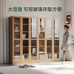 實木橡木書櫃帶玻璃門手辦展示櫃北歐簡約書架落地辦公室文件柜子