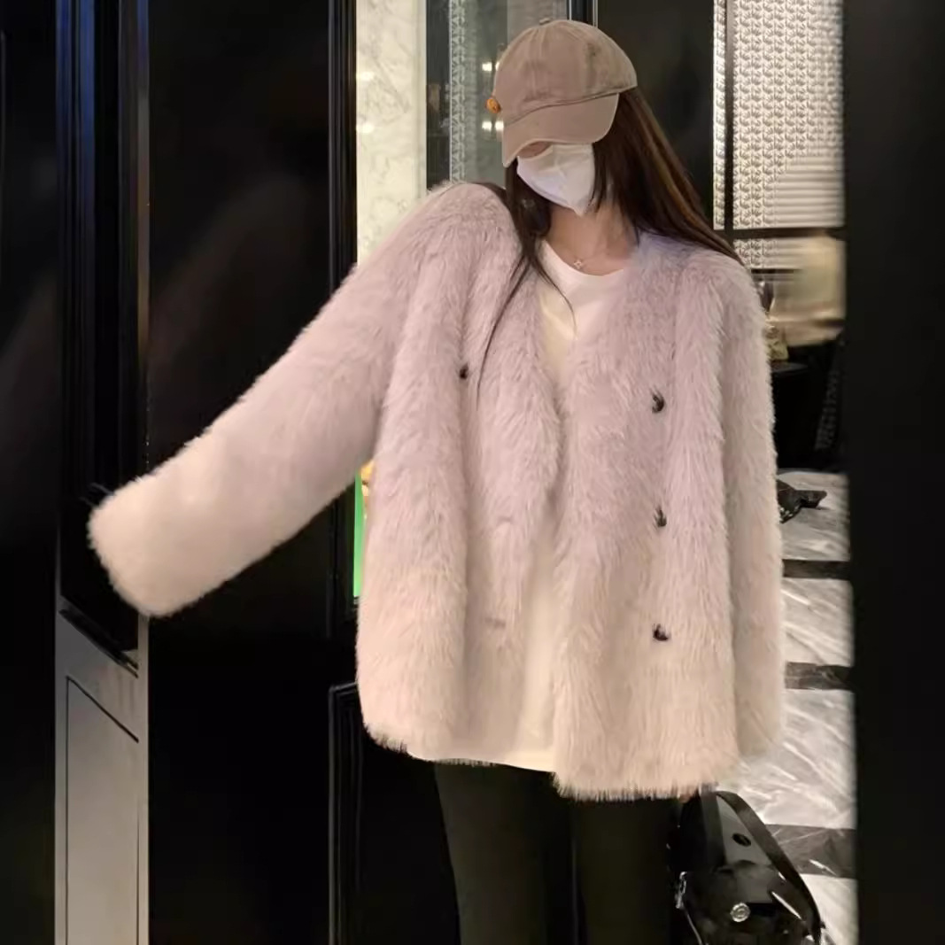 原版V领仿毛皮草皮毛一体冬季新款毛毛外套女宽松年轻款2024新款