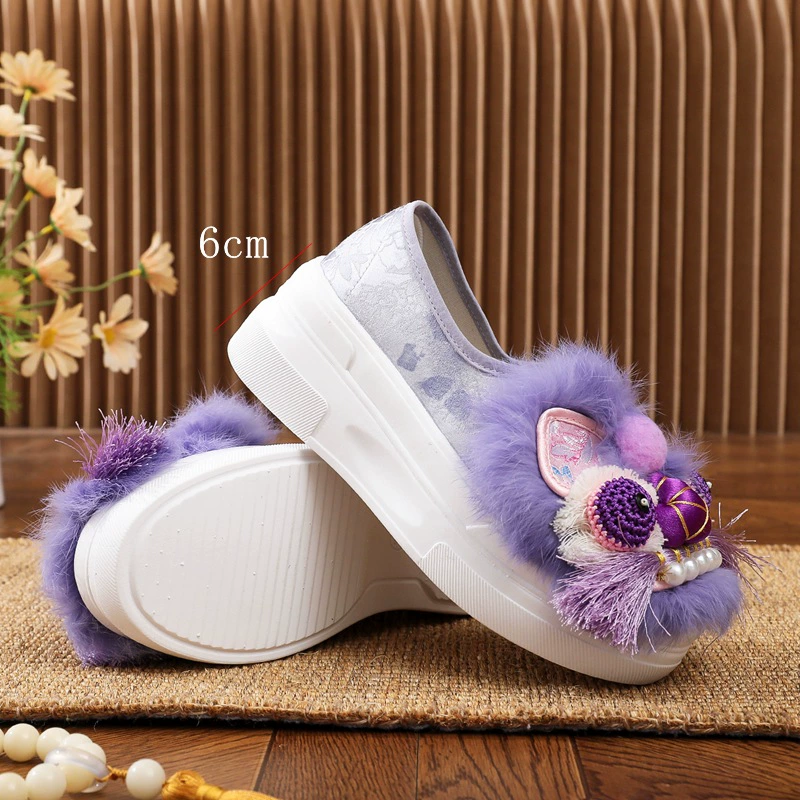 [Одиночные туфли] Новые туфли с головой тигра из натурального меха, этническая обувь, обувь ручной работы, туфли на высоком каблуке с вышивкой, этнический стиль 1913-36