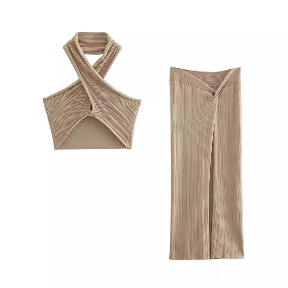 Women's summer new style halter neck knit top 6427023 and high-waisted slit skirt 6427024 (foreign trade)