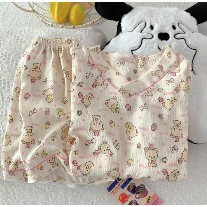Vietnam transfronterizo transmisión en vivo estilo caliente verano con cuello en V nube pijamas de algodón pantalones de manga corta para mujer traje de servicio a domicilio para estudiantes de dibujos animados
