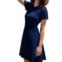 2025春夏外贸欧美亚马逊跨境纯色花边短袖圆领压皱连衣裙女A字裙