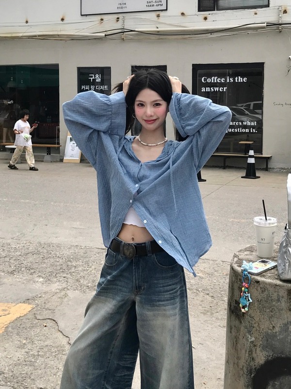 松弛感复古格纹连帽长袖衬衫女秋季2025新款外搭开衫衬衣宽松上衣|undefined