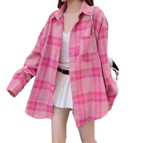 Magenta Grid Women's Mid-Long Sleeve Top Spring Summer Autumn New Loose Hong Kong Style Retro Blouse Jacket