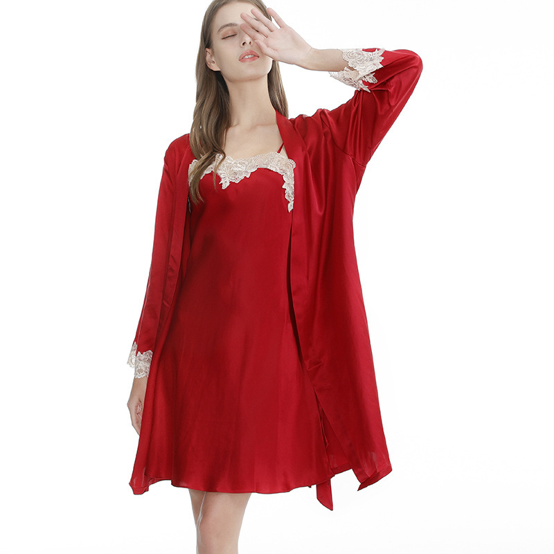Wedding Bride 19mm Heavy Mulberry Silk Romantic Bathrobe Pajamas Home Clothes Red Sling Skirt Nightgown