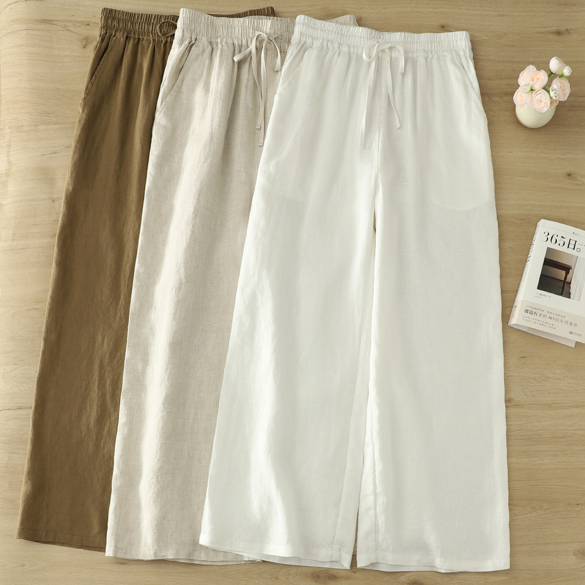 厂家直销  夏季新款文艺棉麻女式直筒裤复古纯亚麻纯色松紧腰女裤