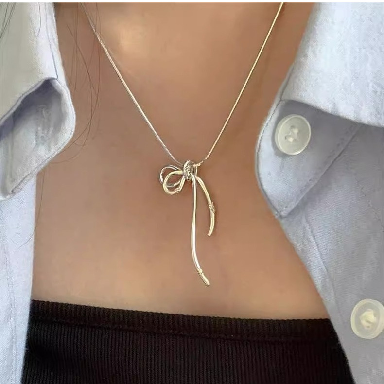 Silver Bow Knot Necklace Sterling Silver Pendant Chain British_voghion.com