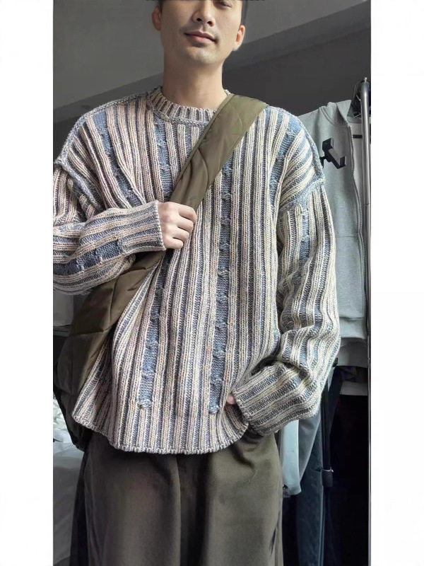 慵懒简约正反两面穿牛仔色圆领针织毛衣 新款潮流文艺流行百搭ins|undefined