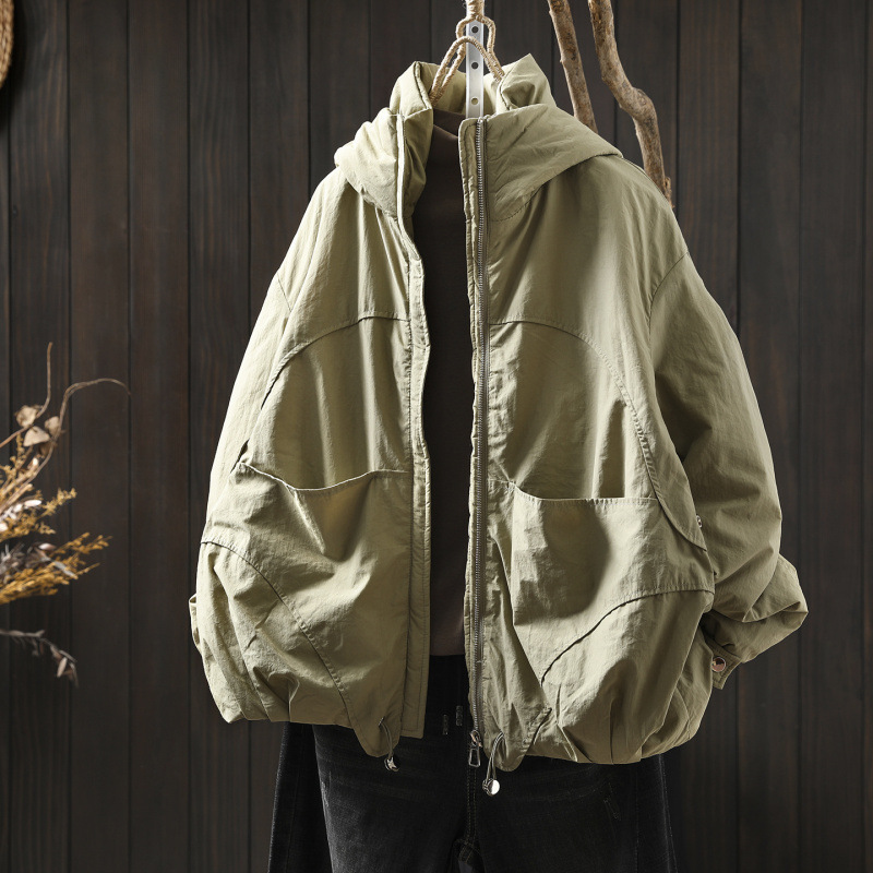 Winter New Style Super Nice Quilted Thin Jacket Women's Hooded Short Loose Double Flap Pocket Pants Cotton Jacket 61069