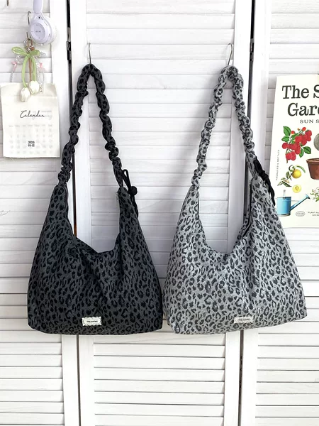 Spring New Drawstring Crossbody Bag for Women, Large Capacity, Korean Style, Vintage Leopard Print Shoulder Bag, College Student Class Bag
