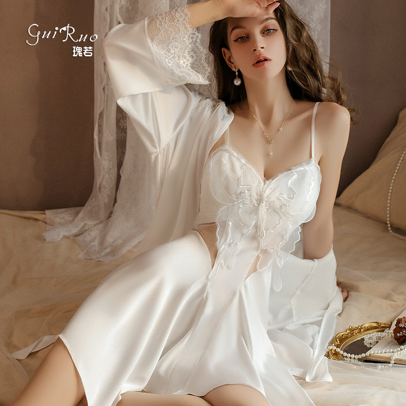 Gui Ruo New plus size Satin Deep V Butterfly Cup with Chest Pad Pure Desire Mesh Backless Women's Home Clothes suit 4118
