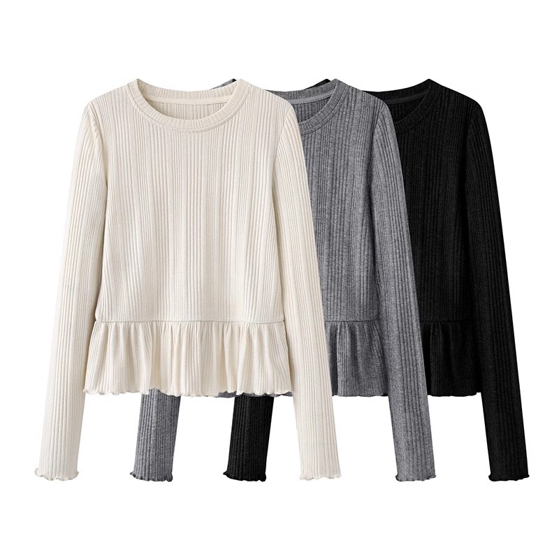 2025 Spring New Slim Inner Base Shirt Slim-fit Top Ruffled Autumn Long-sleeved T-shirt Women's KSD2501007