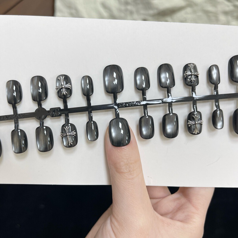 New Black Cross-Shaped Fine Glitter Cat-Eye Almond Design High-End Wearable Nail Art Stickers Cross-Border Fake Nail Pieces New Black Cross-Shaped Fine Glitter Cat-Eye Almond Design High-End Wearable Nail Art Stickers Cross-Border Fake Nail Pieces