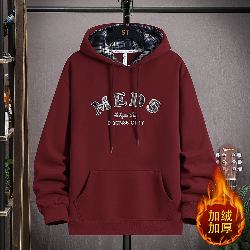 秋冬新款加绒卫衣连帽刺绣青少年男孩中学生潮流宽松加厚帅气上衣